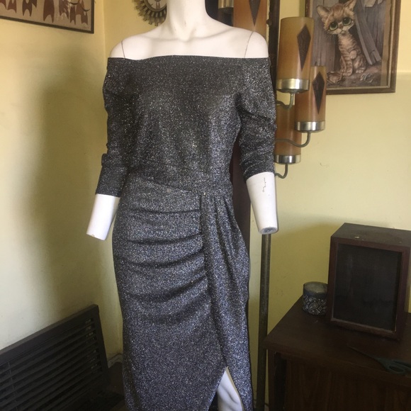 Vintage ladies silver glitter sparkle glamour prom evening party dress gown - Picture 4 of 6